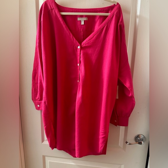 Chelsea28 Oversize Linen Blend Cover-Up Shirt L V-Neck Button Front Pink NWT - Picture 2 of 8
